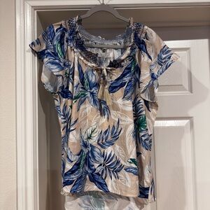 Cupio Beige and Blue Leaf Print Blouse XL